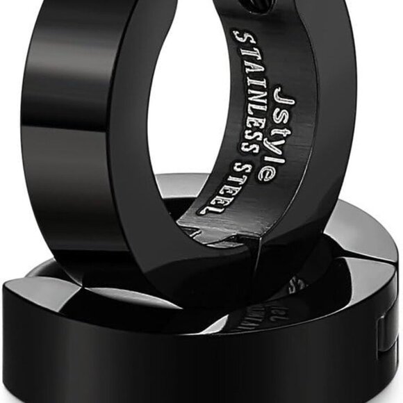 Black Stainless Steel Small Hoop Earrings for Men, Unisex, Hinged Huggie Style, - Picture 2 of 8